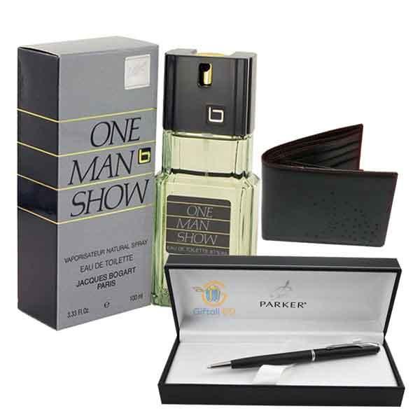 Perfume with pen and wallet