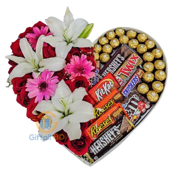 Mix-Flower with chocolate in a heart box